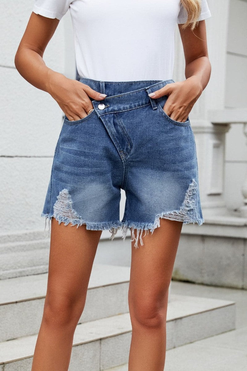 Ivyshape | Trendy Asymmetrical Distressed Denim Shorts for Effortless Style