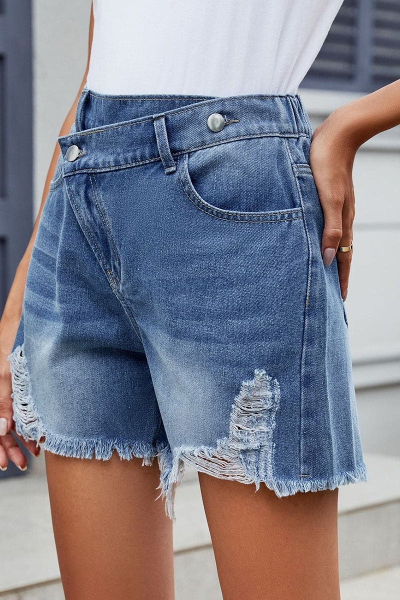 Ivyshape | Trendy Asymmetrical Distressed Denim Shorts for Effortless Style