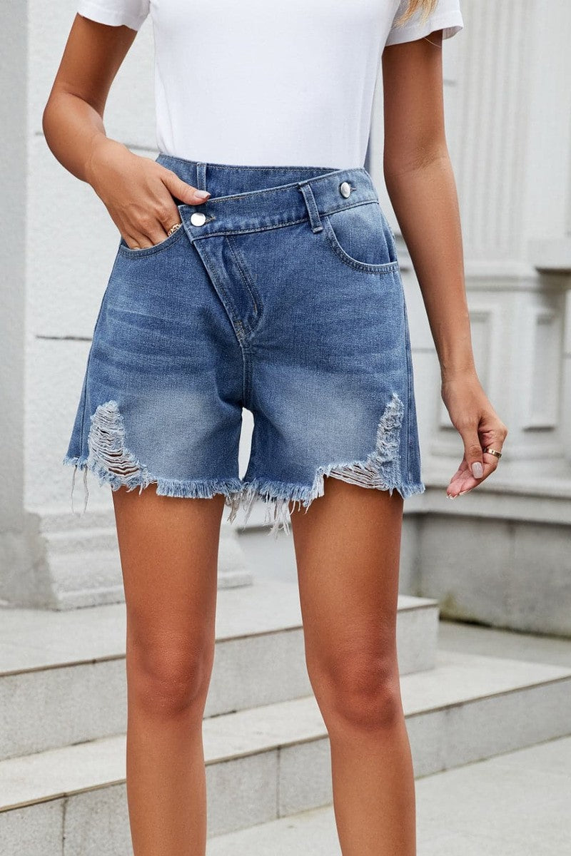 Ivyshape | Trendy Asymmetrical Distressed Denim Shorts for Effortless Style