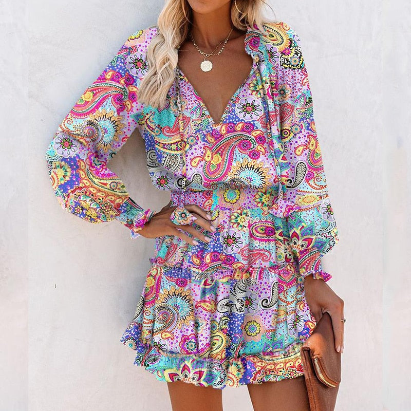 Ivyshape | V-Neck Floral Print Ruffle Hem Party Dress