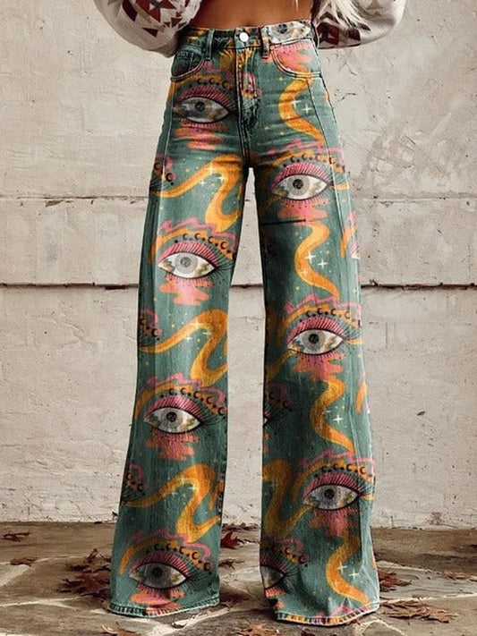 Ivyshape | Whimsical Wide-Leg Pants with Mystical Eye Design