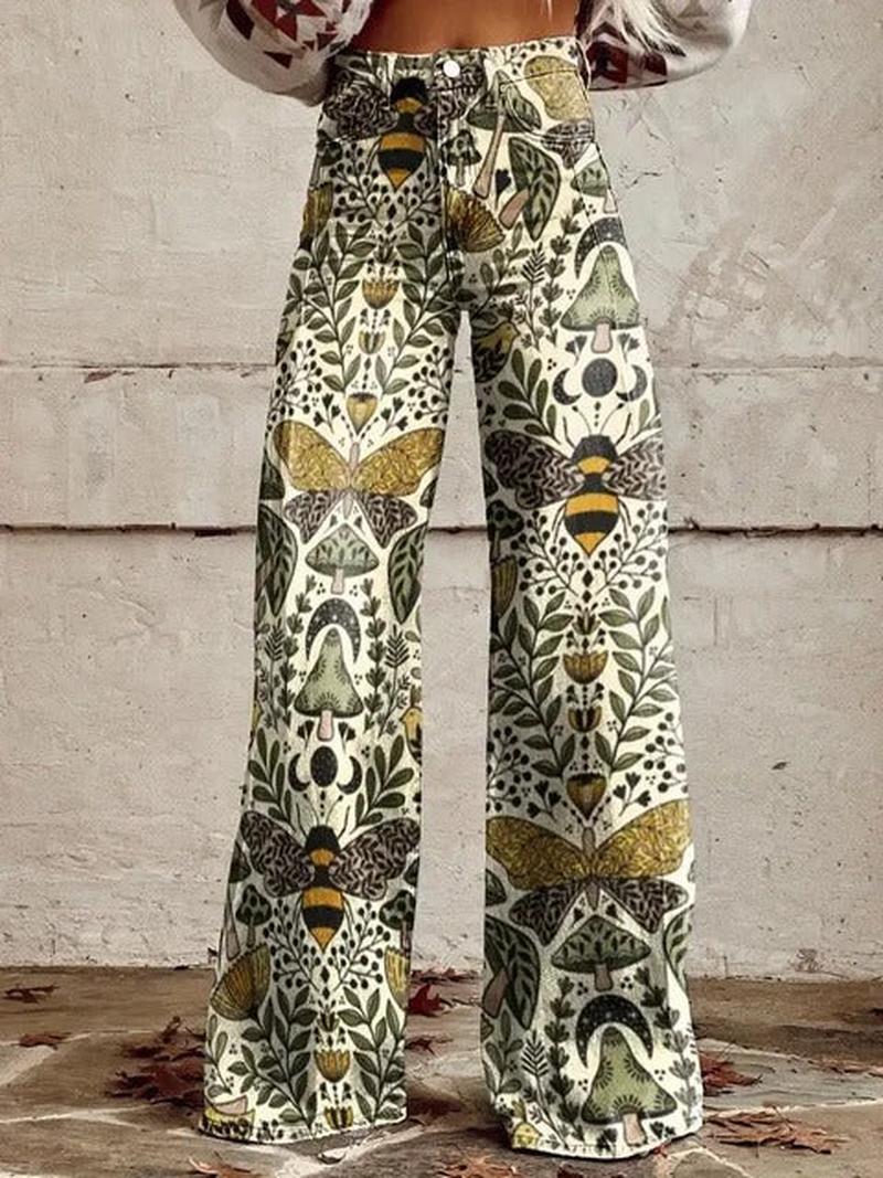 Ivyshape | Whimsical Wide-Leg Pants with Woodland Insect Print