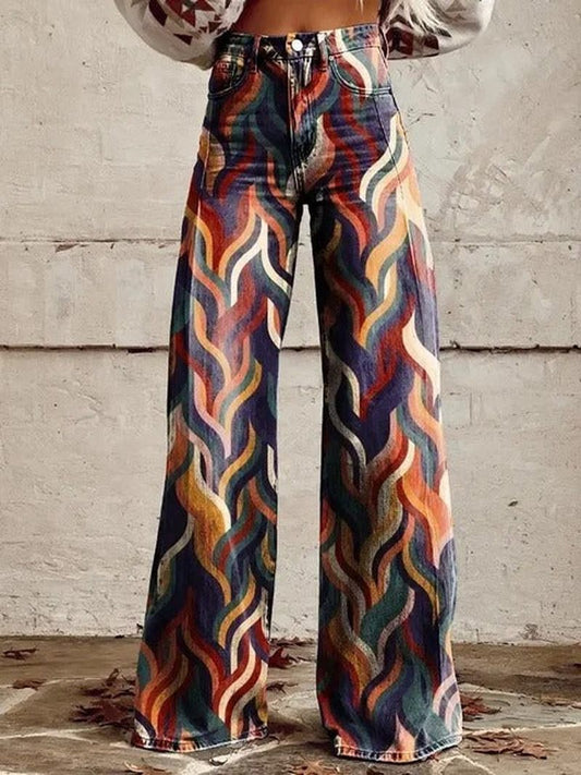 Ivyshape | Stylish Wide-Leg Pants with Vibrant Retro Wave Design