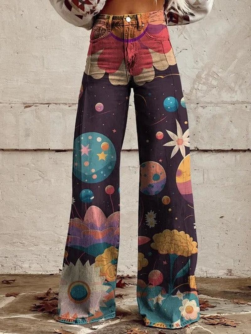 Ivyshape | Whimsical Wide-Leg Pants with Cosmic Dreamscape Design