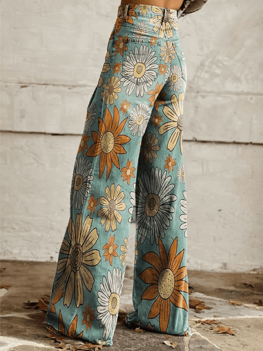 Ivyshape | Stylish Vintage Wide-Leg Pants with Floral Design