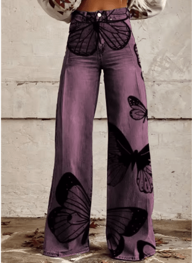 Ivyshape | Whimsical Butterfly Print Wide-Leg Jeans for A Playful Look