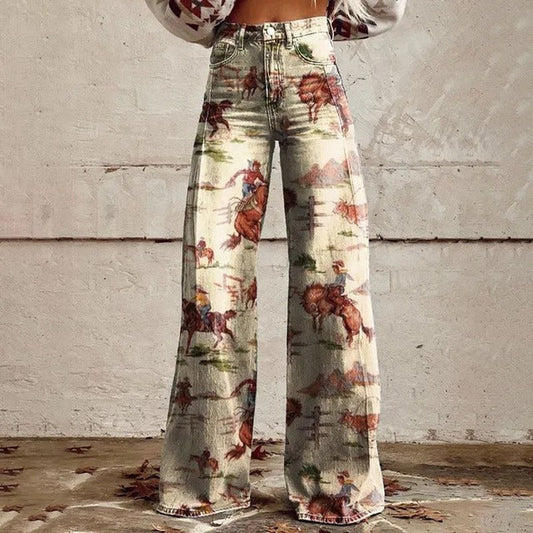 Ivyshape | Vintage-Inspired Wide-Leg Pants with Rodeo Print