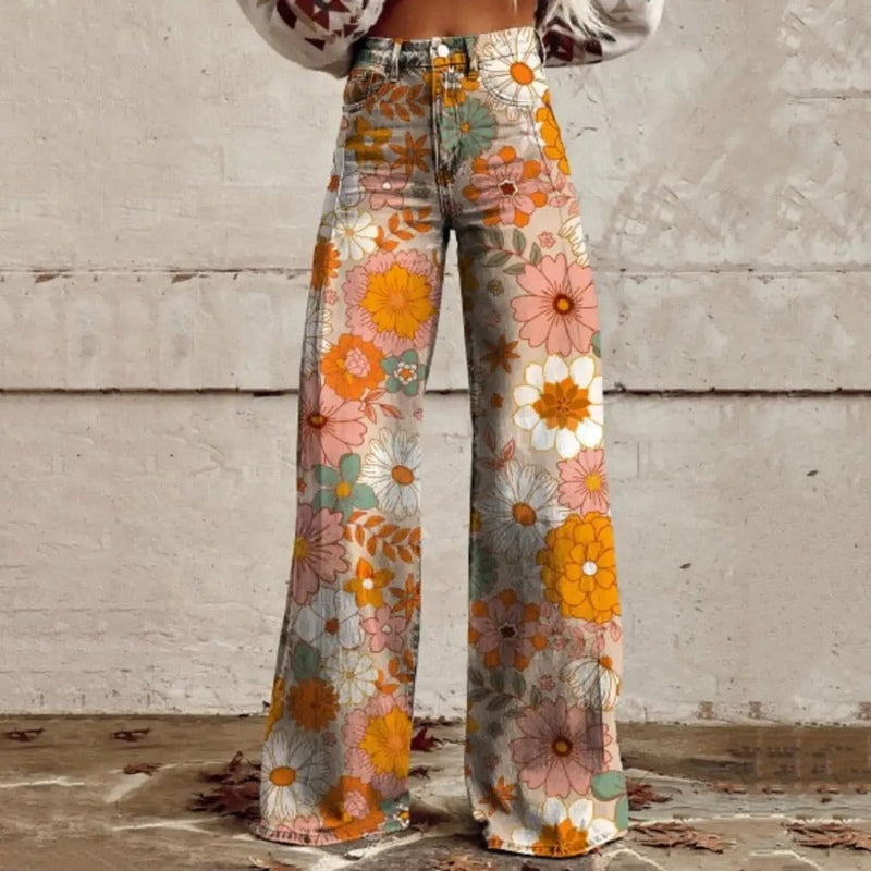 Ivyshape | Vintage-Inspired Wide-Leg Pants with Bold Floral Design