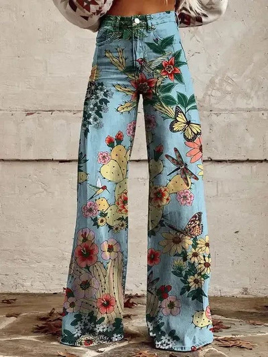 Ivyshape | Stylish Wide-Leg Pants with Floral and Butterfly Motifs