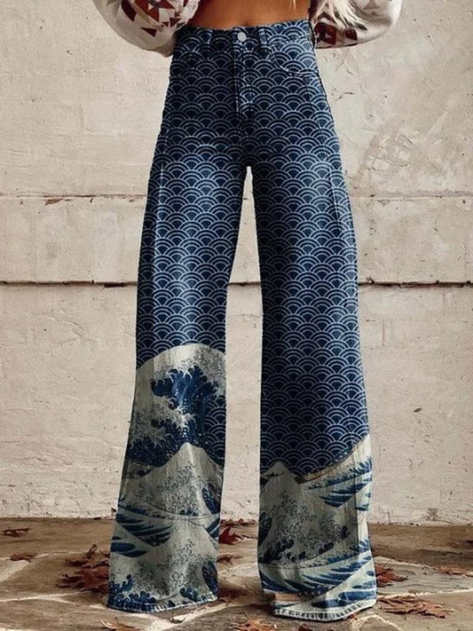 Ivyshape | Stylish Wide-Leg Pants Featuring Oceanic Wave Print