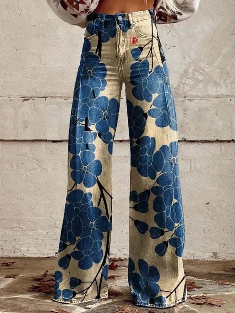 Ivyshape | Stylish Wide-Leg Pants with Blue Floral Print