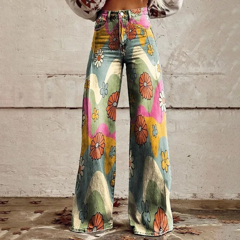 Ivyshape | Stylish Wide-Leg Pants with Retro Floral Design