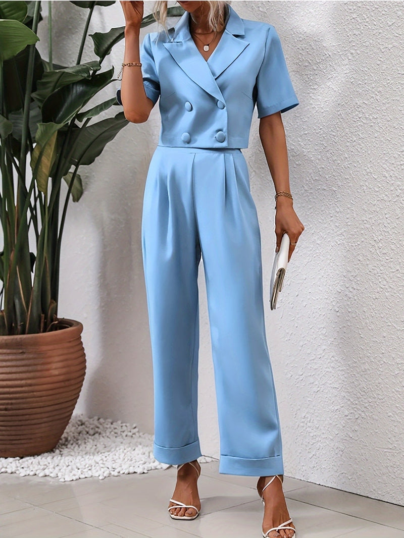 Ivyshape | Women's Blue Cropped Blazer & Pants Set Stylish Elegance