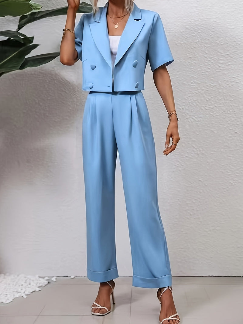 Ivyshape | Women's Blue Cropped Blazer & Pants Set Stylish Elegance