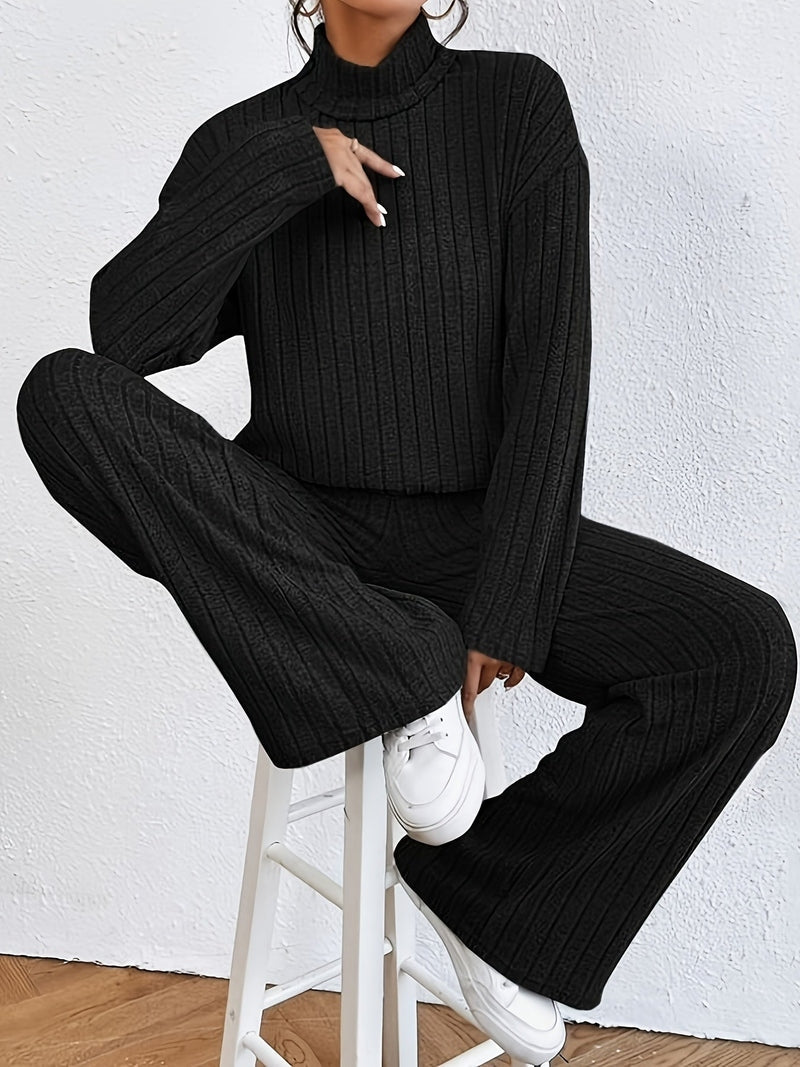 Ivyshape | Women's Turtleneck & Flared Pants Set Stylish & Versatile