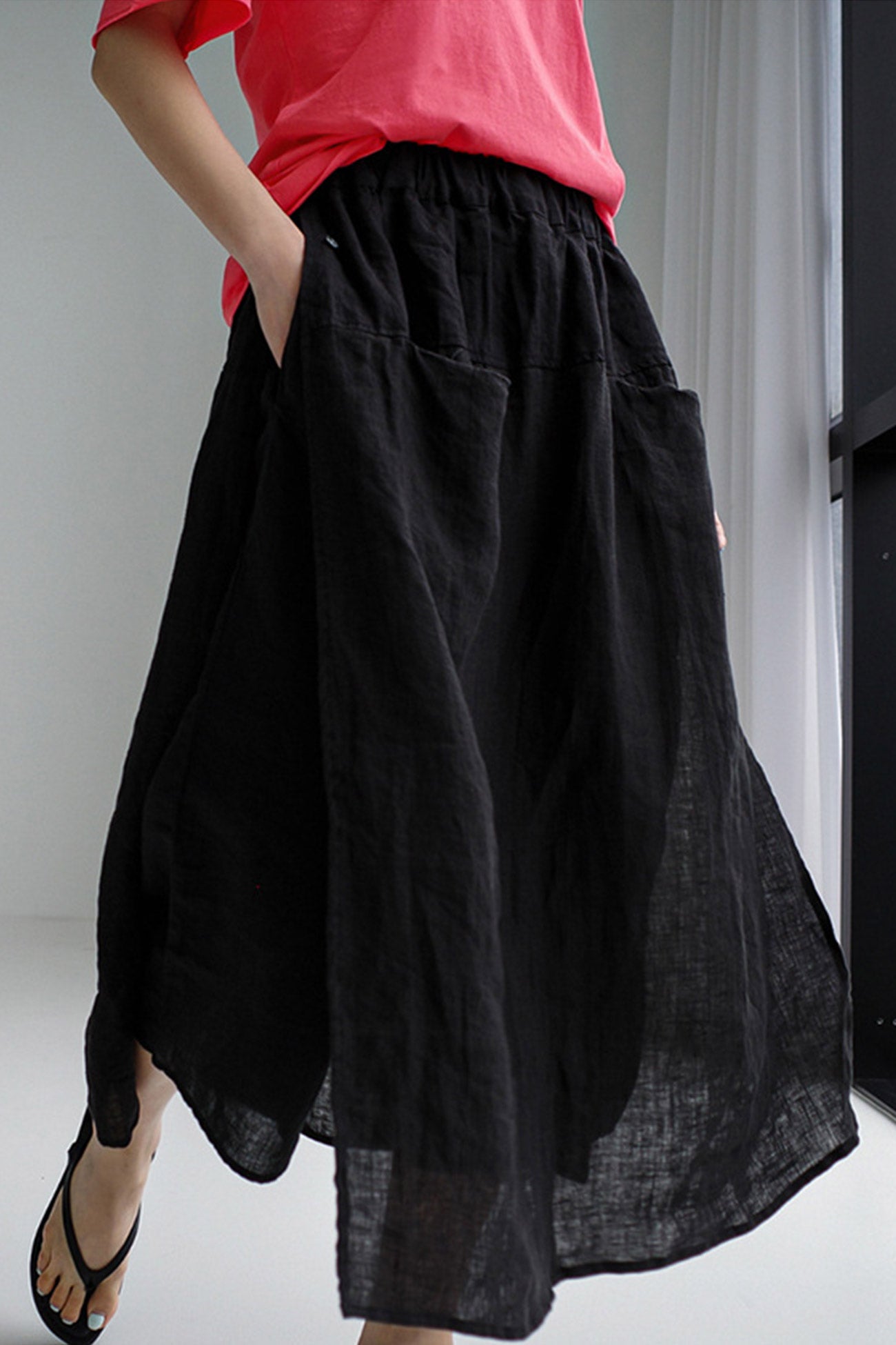 Solid Pocketed Midi Skirt