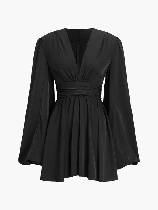 Ivyshape | Sleeve Dress Black Deep V-Neck Pleated Dress Mini Dress