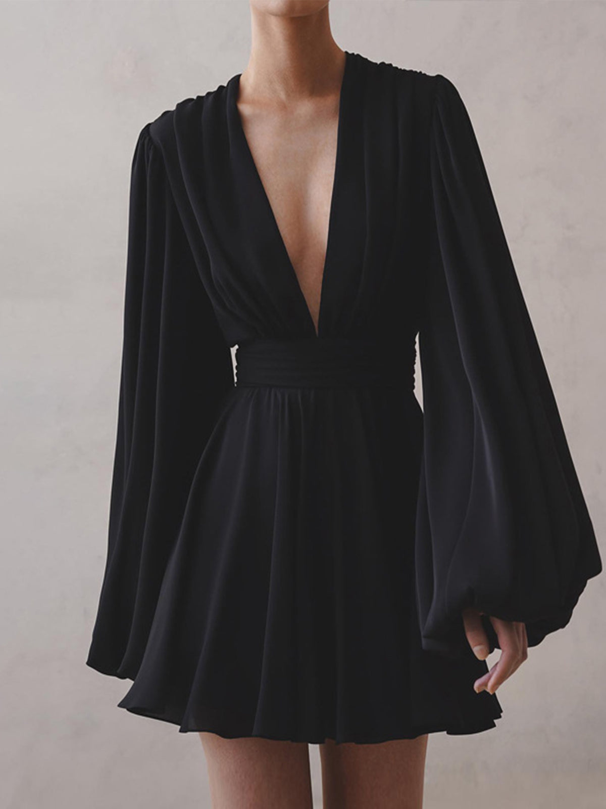 Ivyshape | Sleeve Dress Black Deep V-Neck Pleated Dress Mini Dress