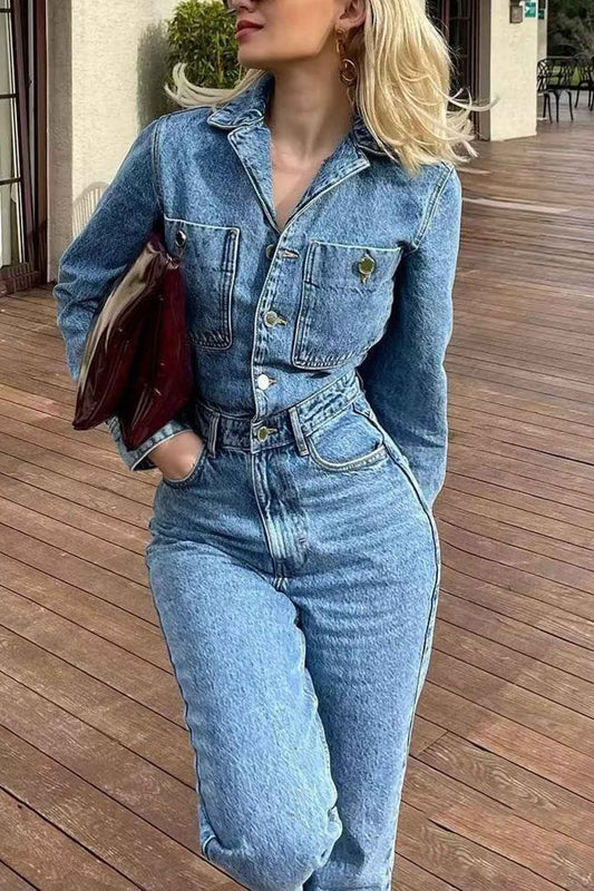 Sleeve Pocketed High Waist Denim Jumpsuits