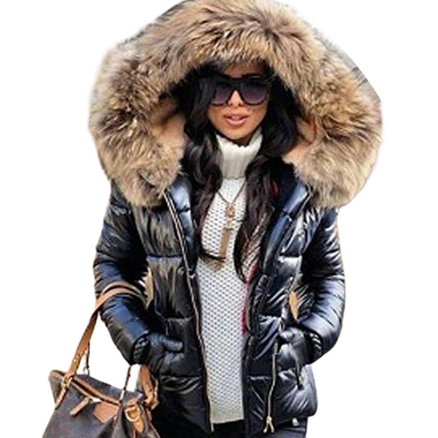 Ivyshape | Women's Autumn Winter Faux Fur Hood Zipper Warm Down Coat