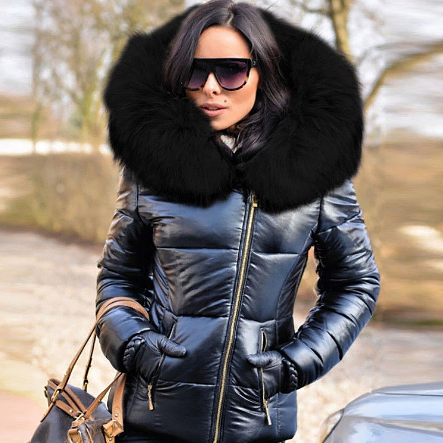 Ivyshape | Women's Autumn Winter Faux Fur Hood Zipper Warm Down Coat