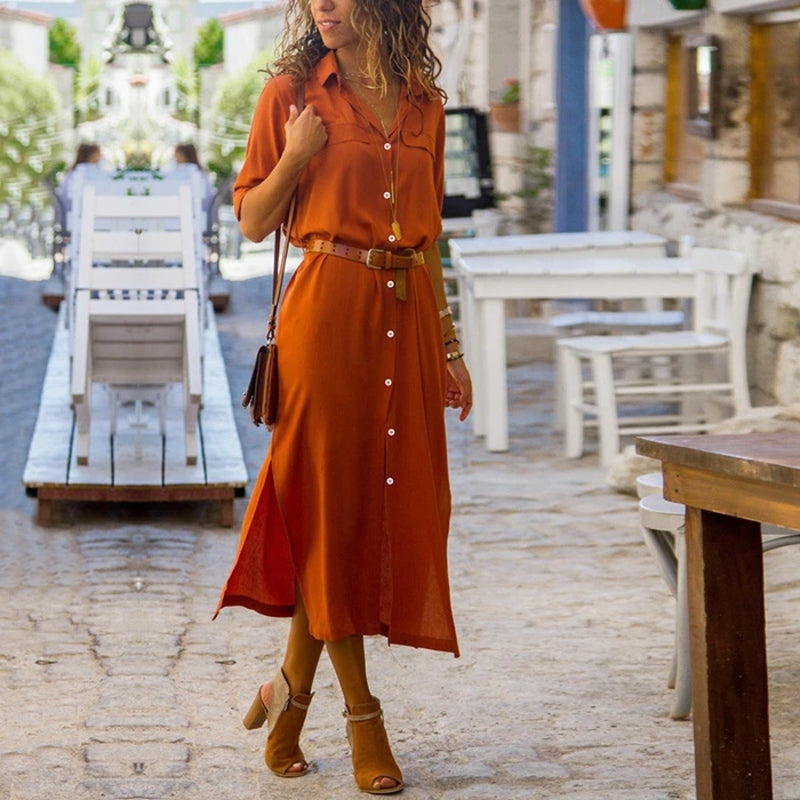 Ivyshape | Elegant Button-Down Shirt Dress for Women Long Sleeved Blouse Dress in Bohemian Style with Belt