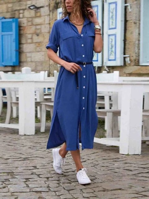 Ivyshape | Elegant Button-Down Shirt Dress for Women Long Sleeved Blouse Dress in Bohemian Style with Belt