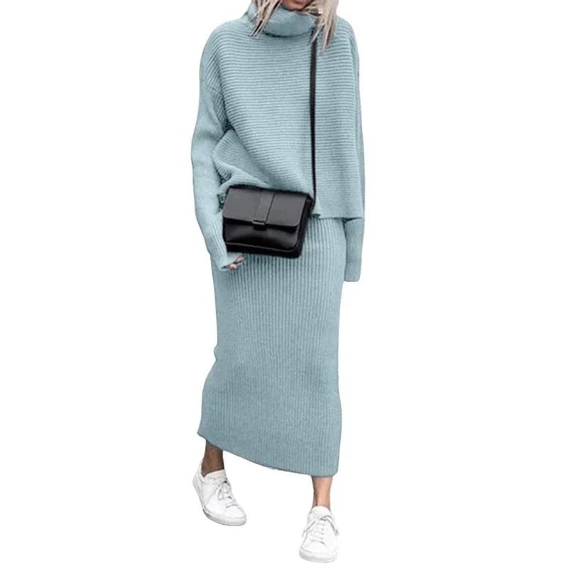 Ivyshape | Knitted Turtleneck Jumper and Long Skirt Two-Piece Set for Women