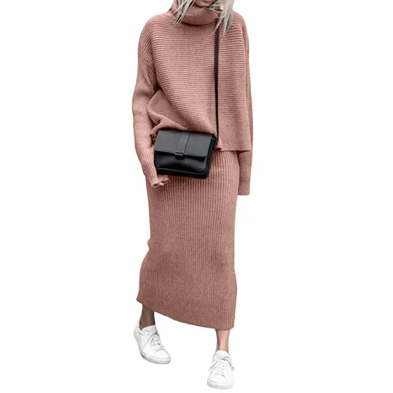 Ivyshape | Knitted Turtleneck Jumper and Long Skirt Two-Piece Set for Women