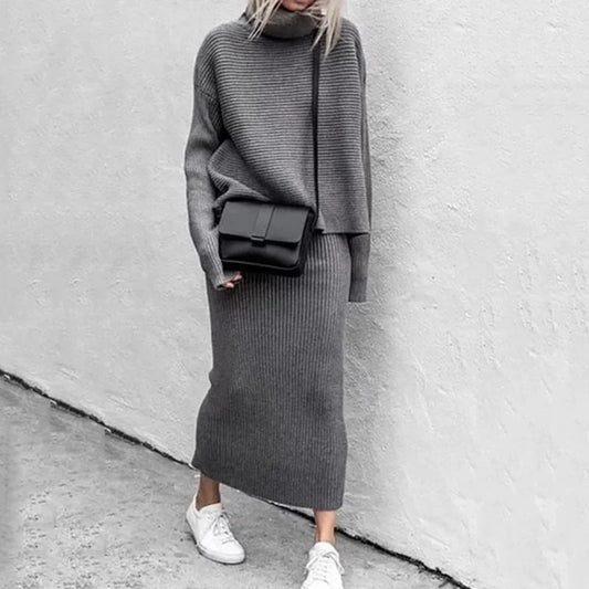 Ivyshape | Knitted Turtleneck Jumper and Long Skirt Two-Piece Set for Women