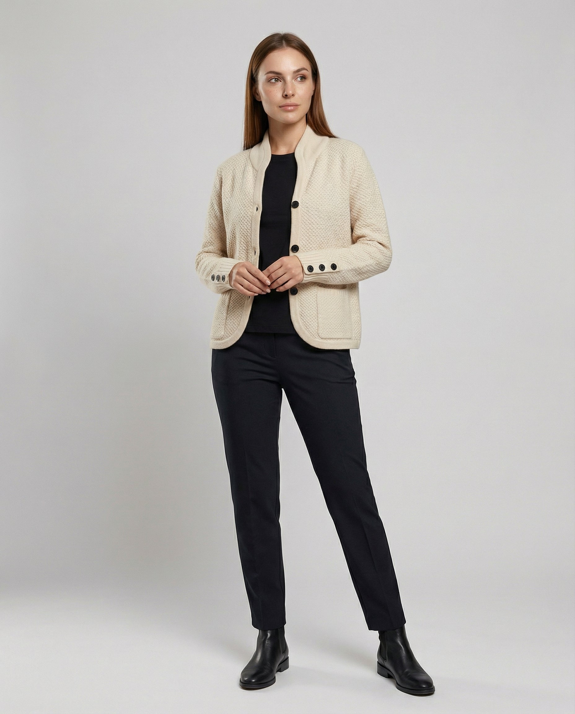 knit cardigan with soft fine-knit texture and button-front design
