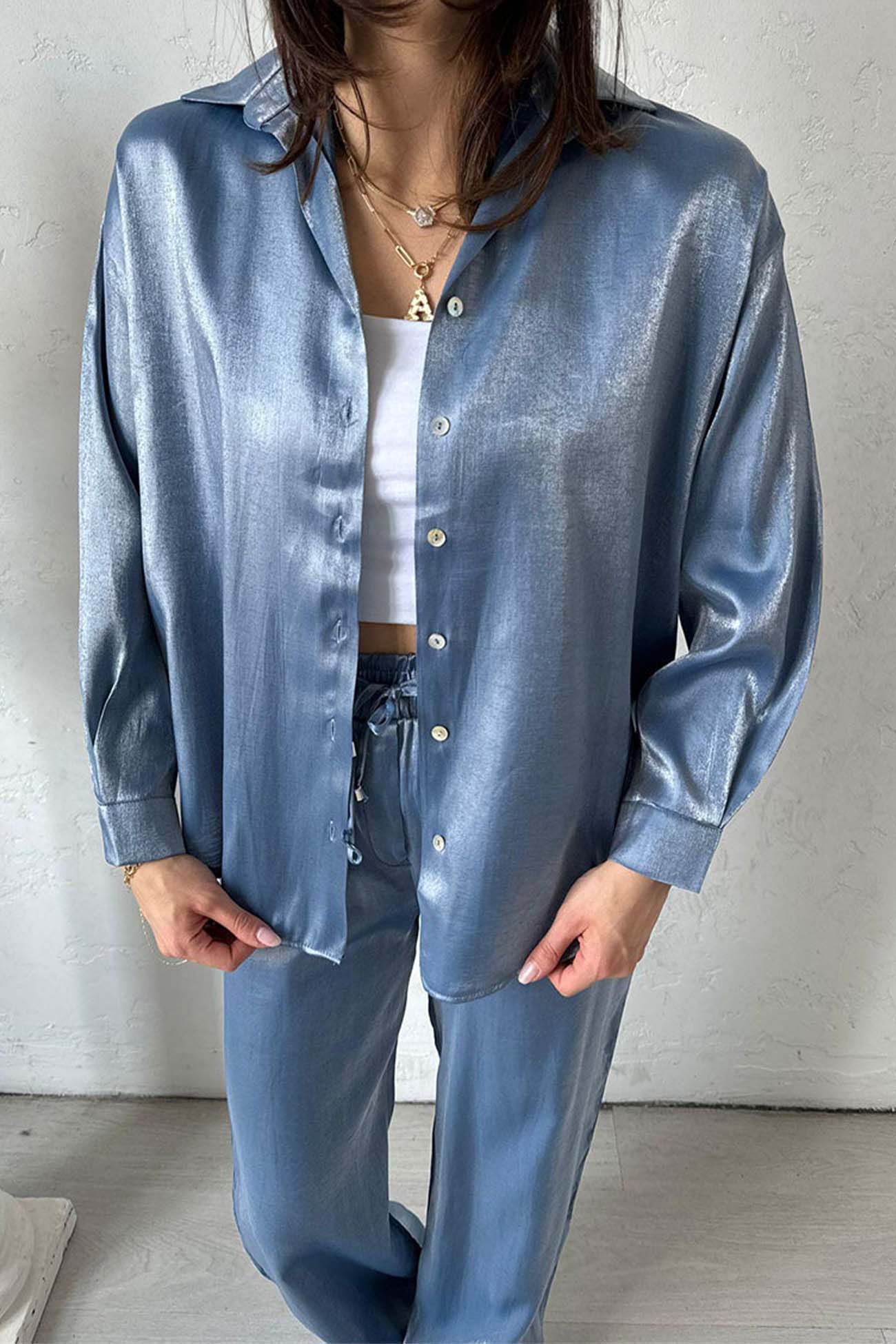 Ivyshape | Metallic Shiny Button Down Shirt Long Pant Set