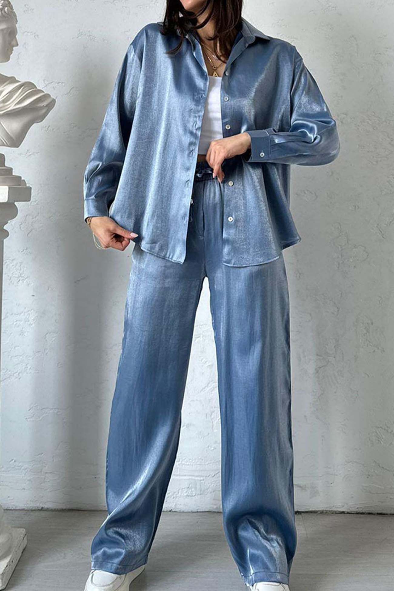 Ivyshape | Metallic Shiny Button Down Shirt Long Pant Set