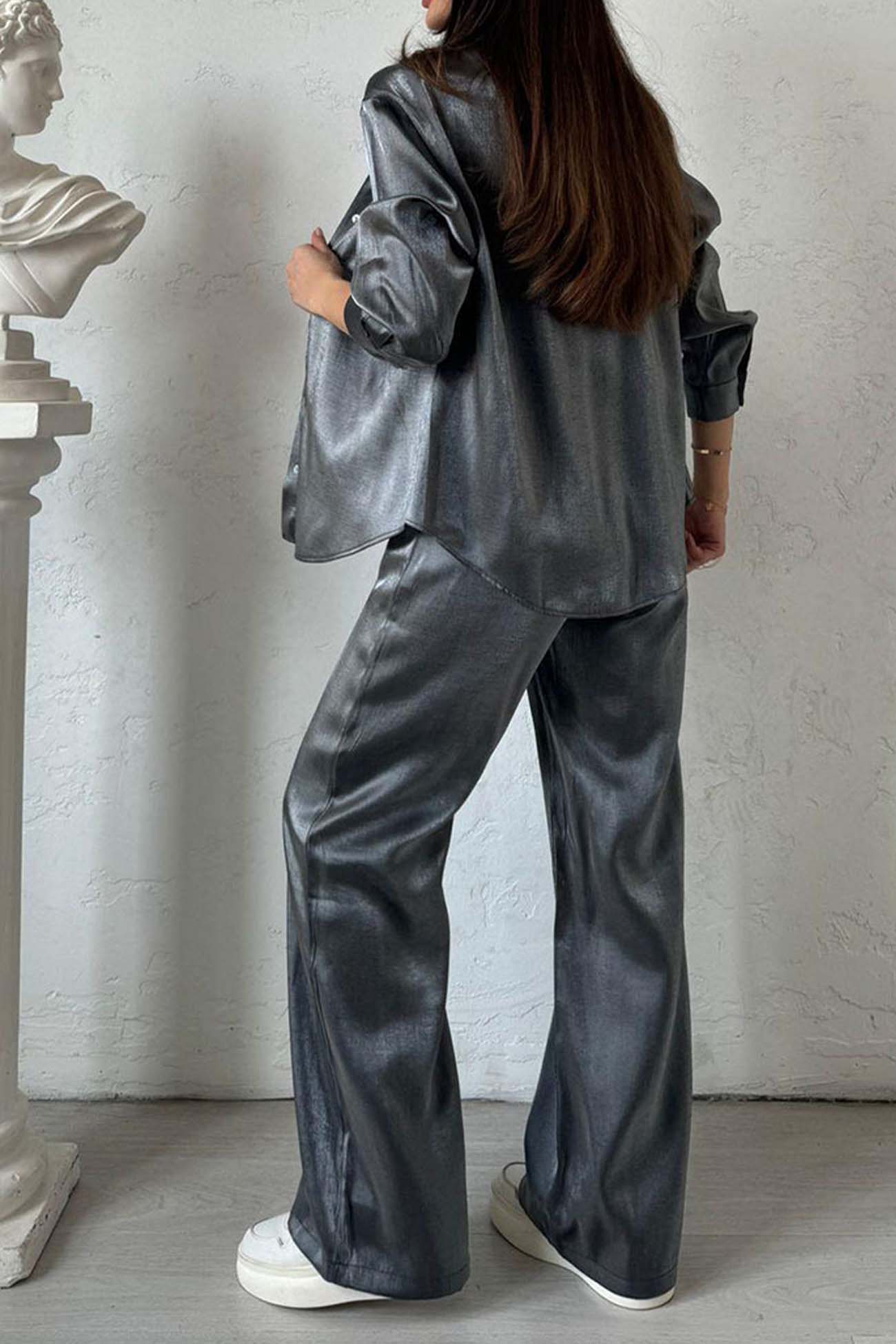 Ivyshape | Metallic Shiny Button Down Shirt Long Pant Set