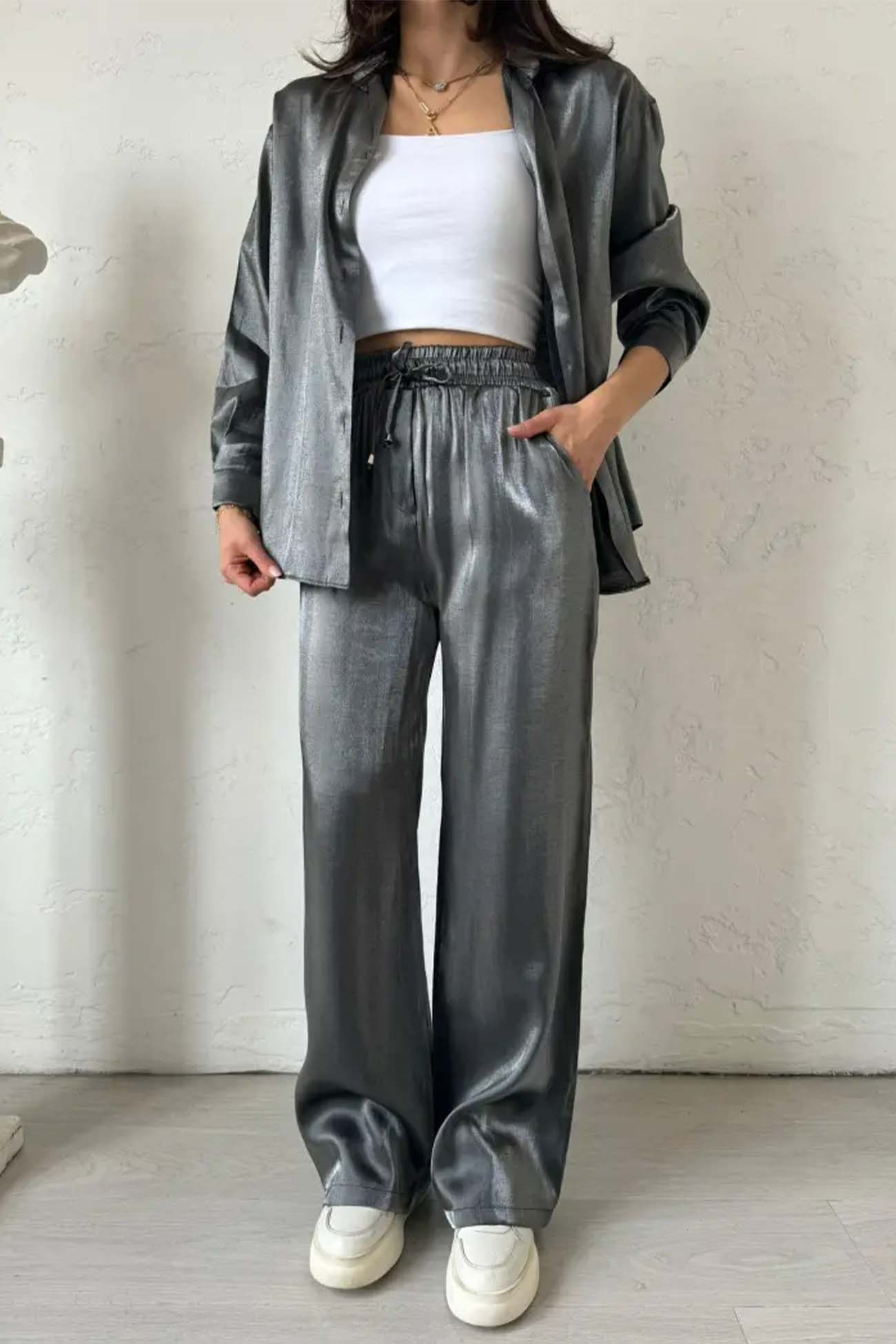 Ivyshape | Metallic Shiny Button Down Shirt Long Pant Set