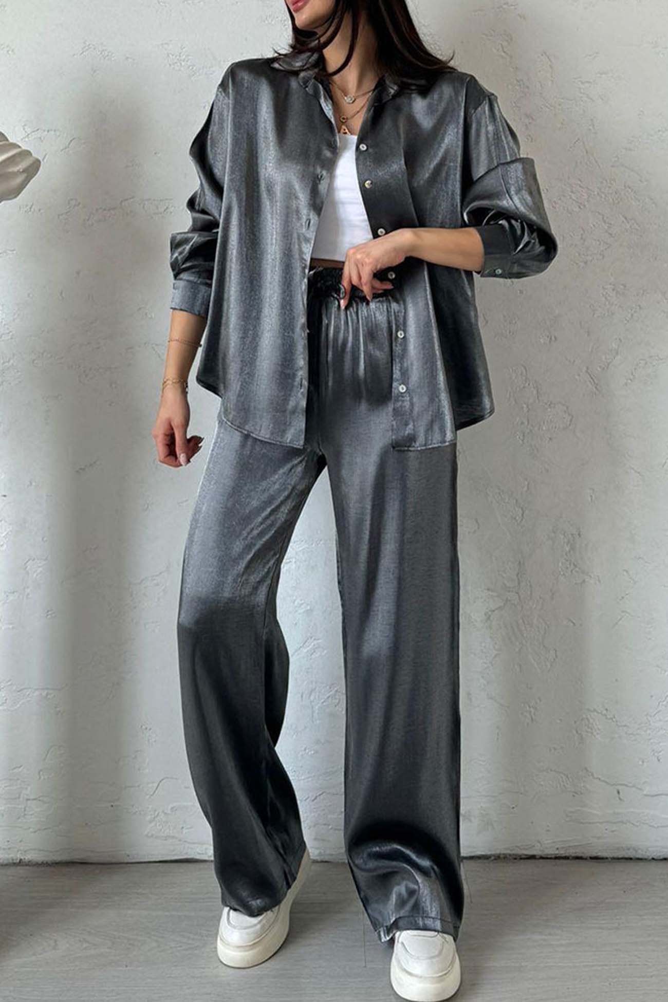 Ivyshape | Metallic Shiny Button Down Shirt Long Pant Set