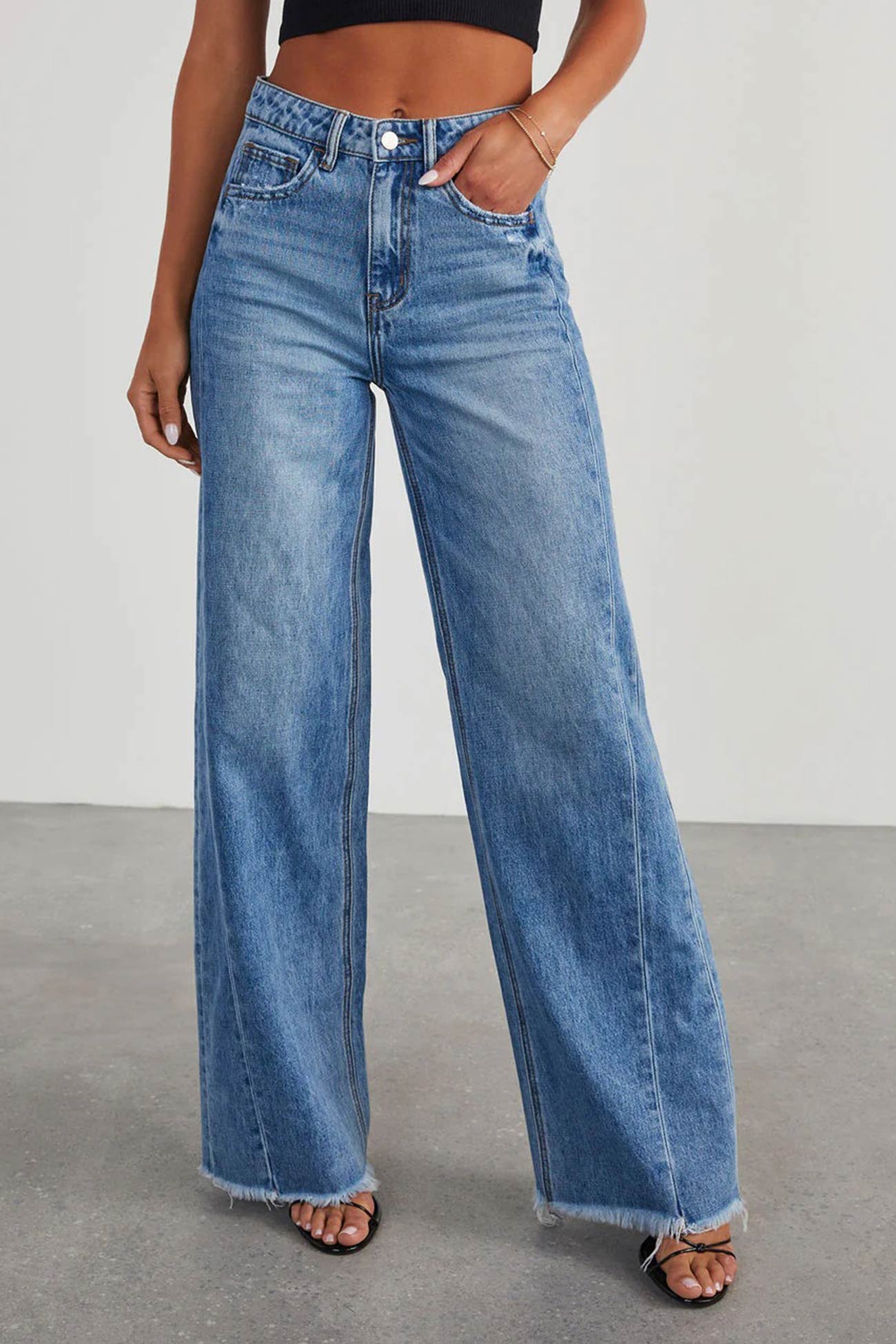 Ivyshape | Mid Waisted Raw Edge Hem Jeans