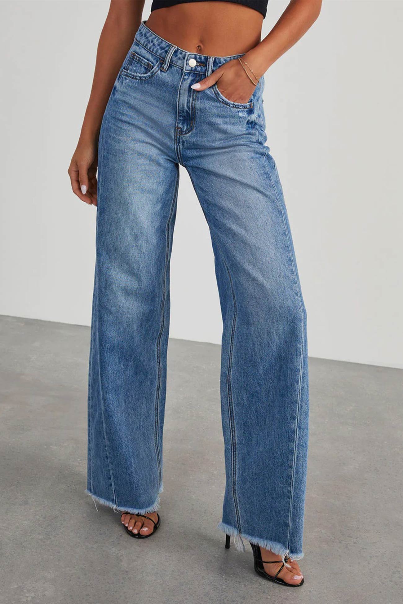 Ivyshape | Mid Waisted Raw Edge Hem Jeans