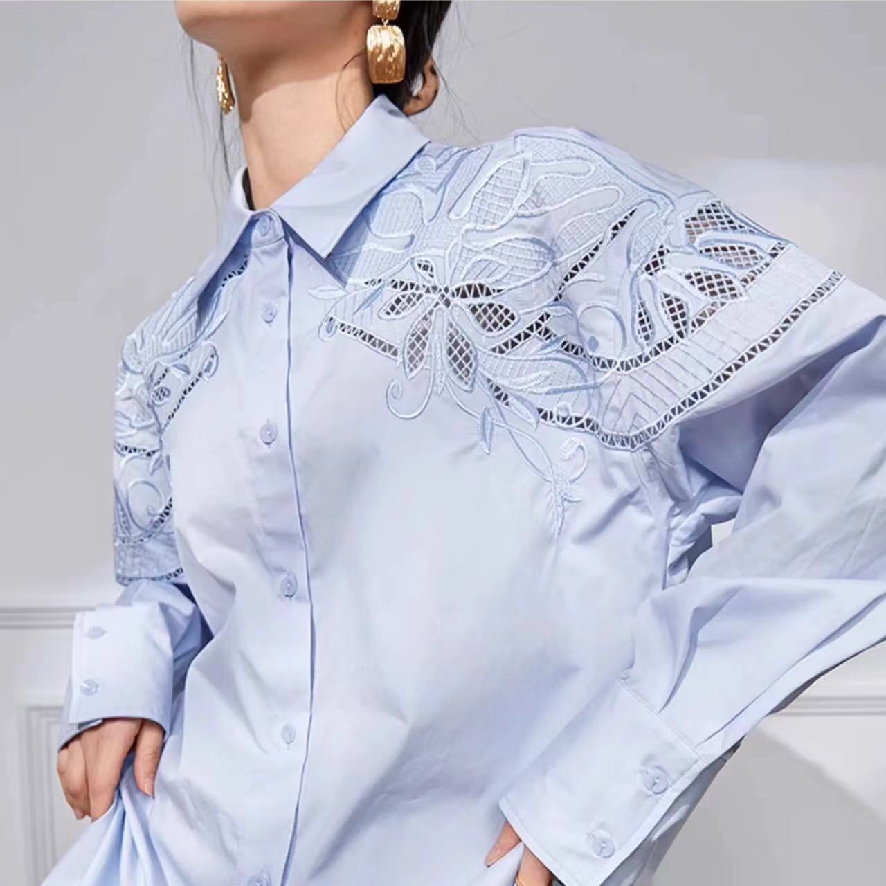 Embroidered Hollow-Out Mid-Length Blouse