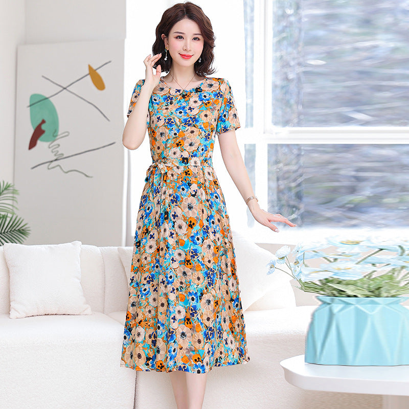 Ivyshape | Women's Long Floral Dress Round Neck