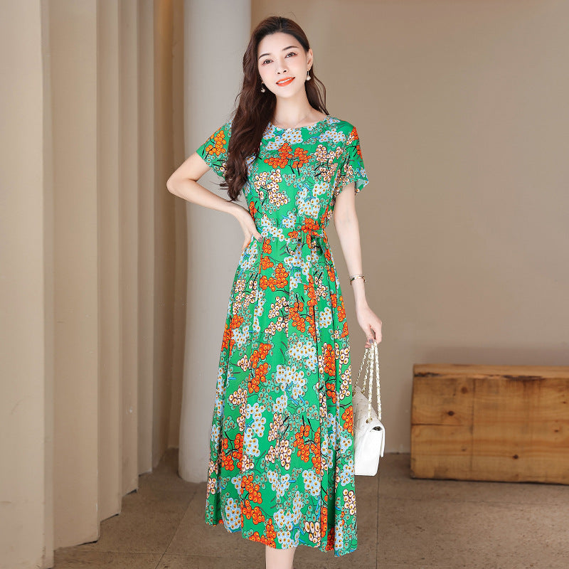 Ivyshape | Women's Long Floral Dress Round Neck