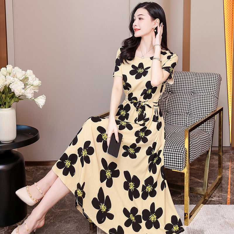 Ivyshape | Women's Long Floral Dress Round Neck