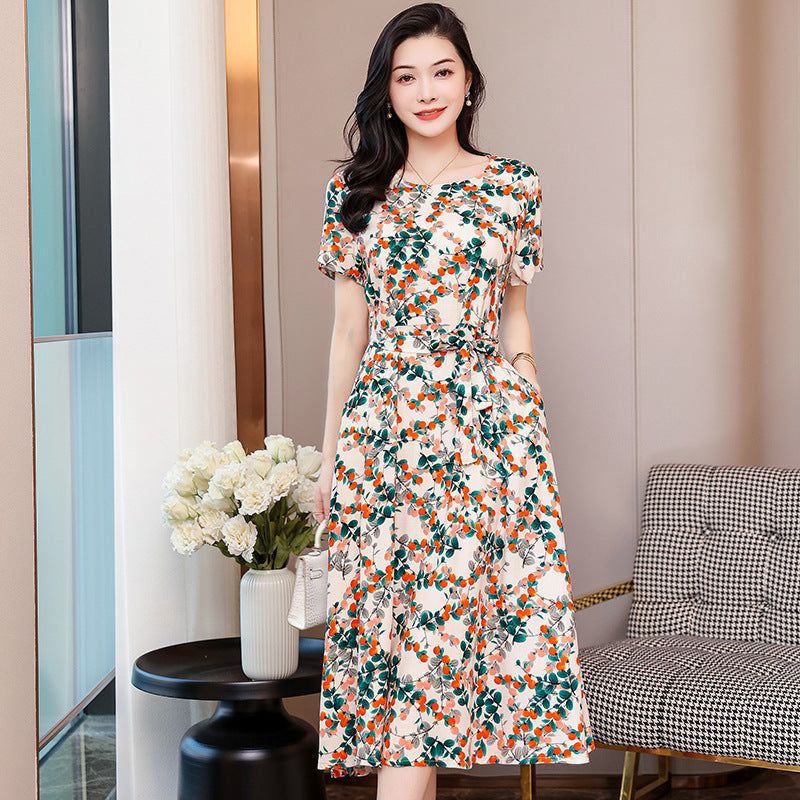 Ivyshape | Women's Long Floral Dress Round Neck