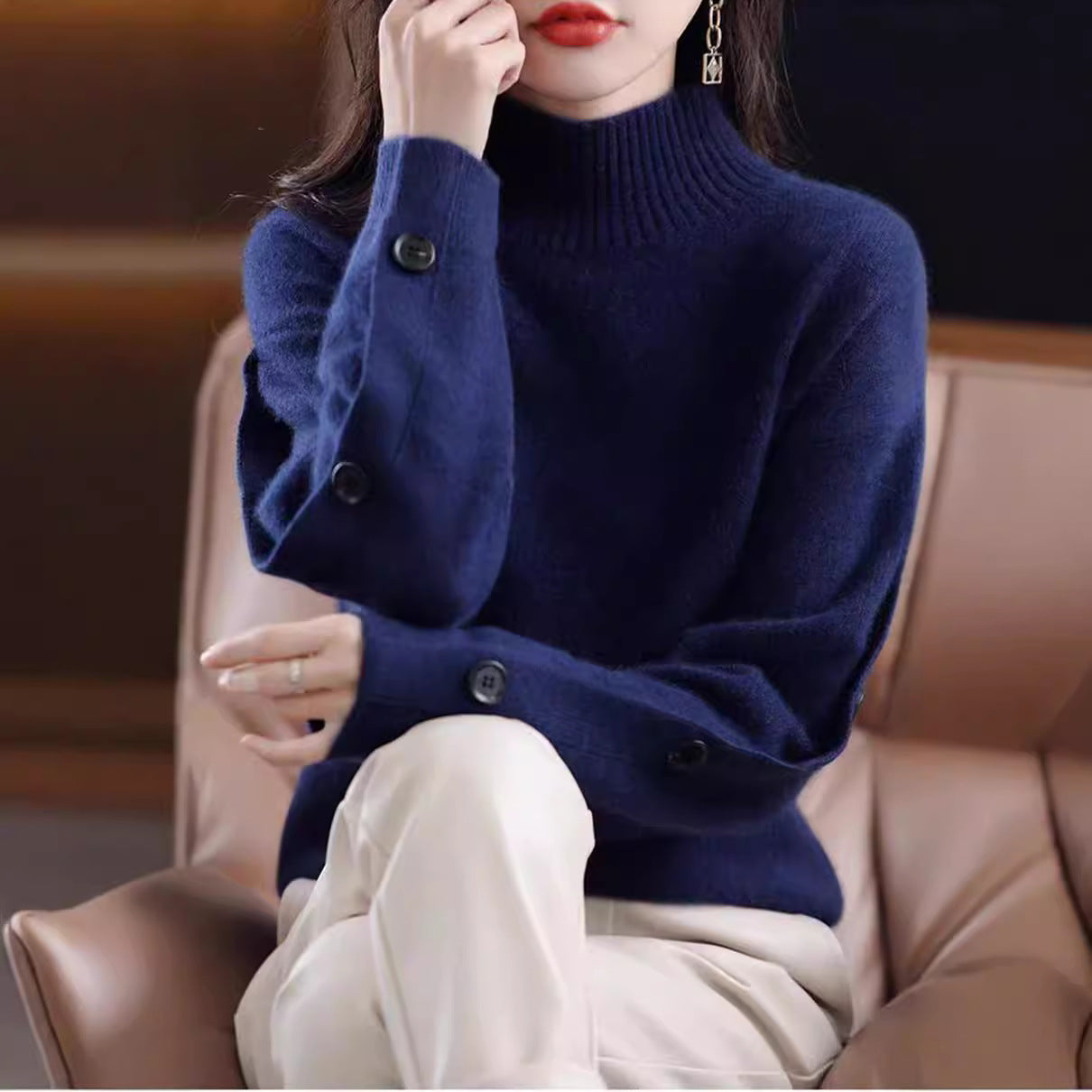 Women Elegant Turtleneck Sweater with Button Details and Soft Material Ivyshape
