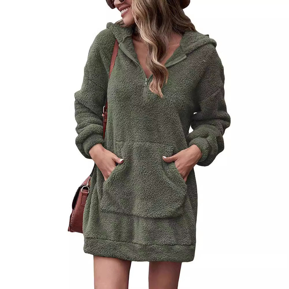 Women's fleece hooded dress with pockets and zipper Ivyshape