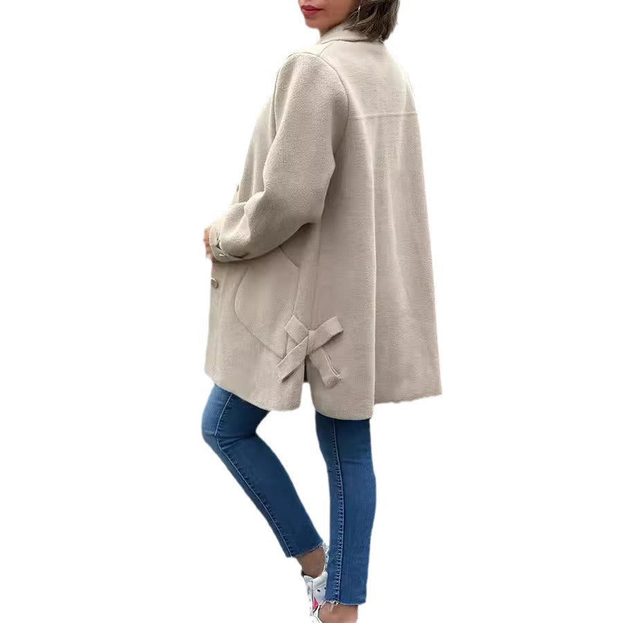 IvyShape | Solid Color Casual Bow Wool Coat