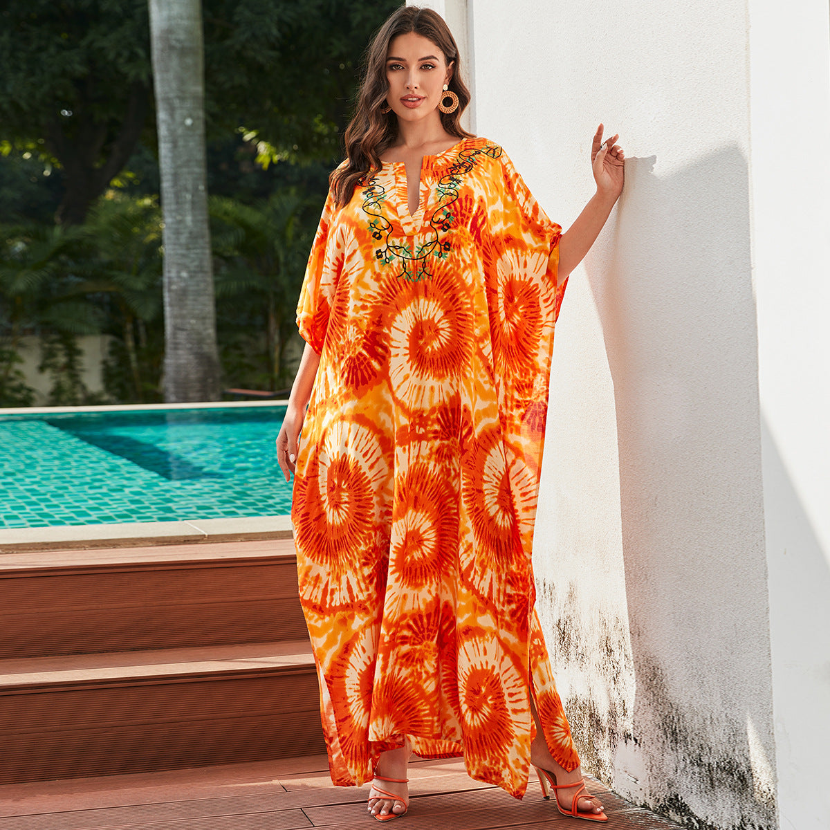 Women's beach kaftan with elaborate spiral pattern and airy silhouette Ivyshape