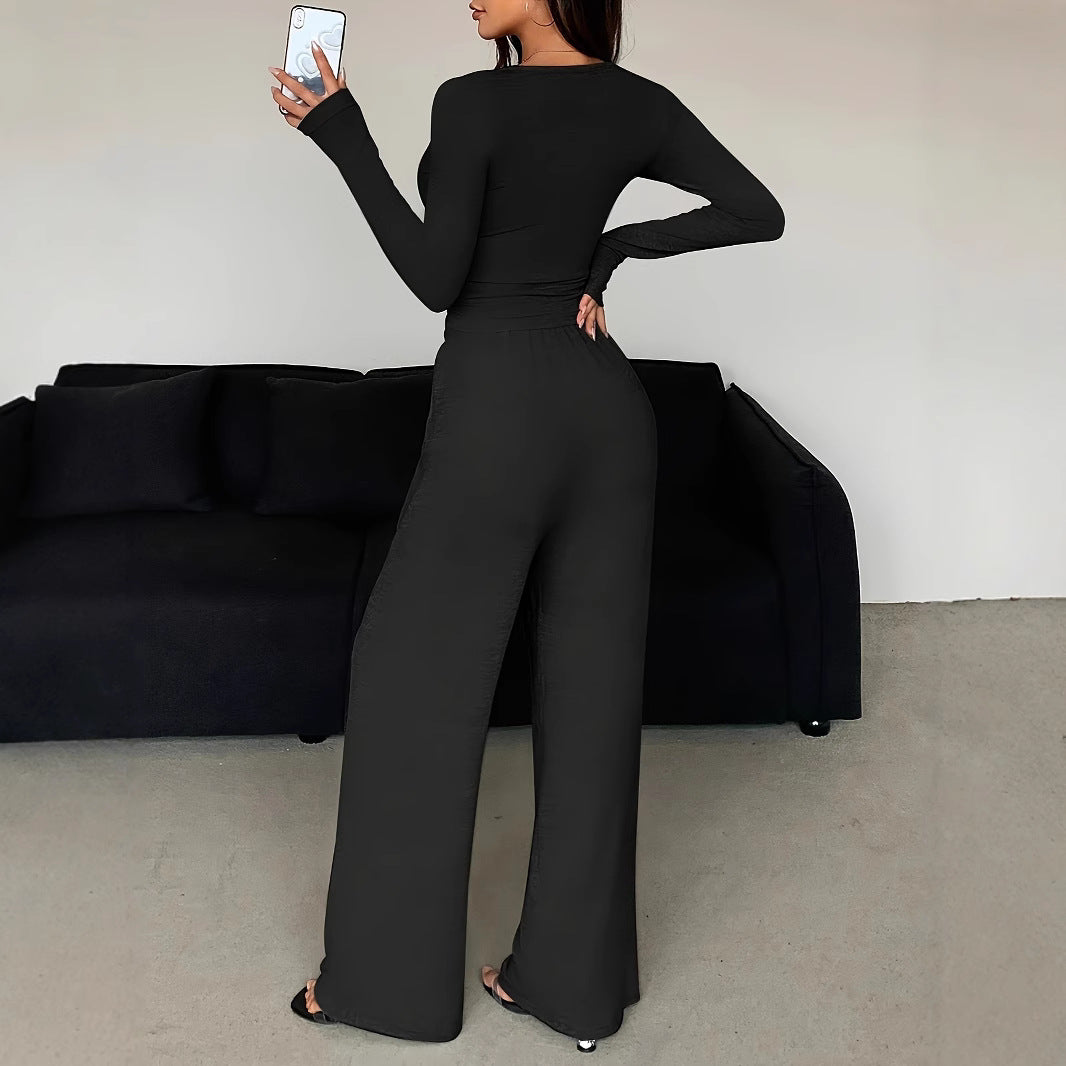 Women's set of casual long-sleeve top and comfortable palazzo pants Ivyshape
