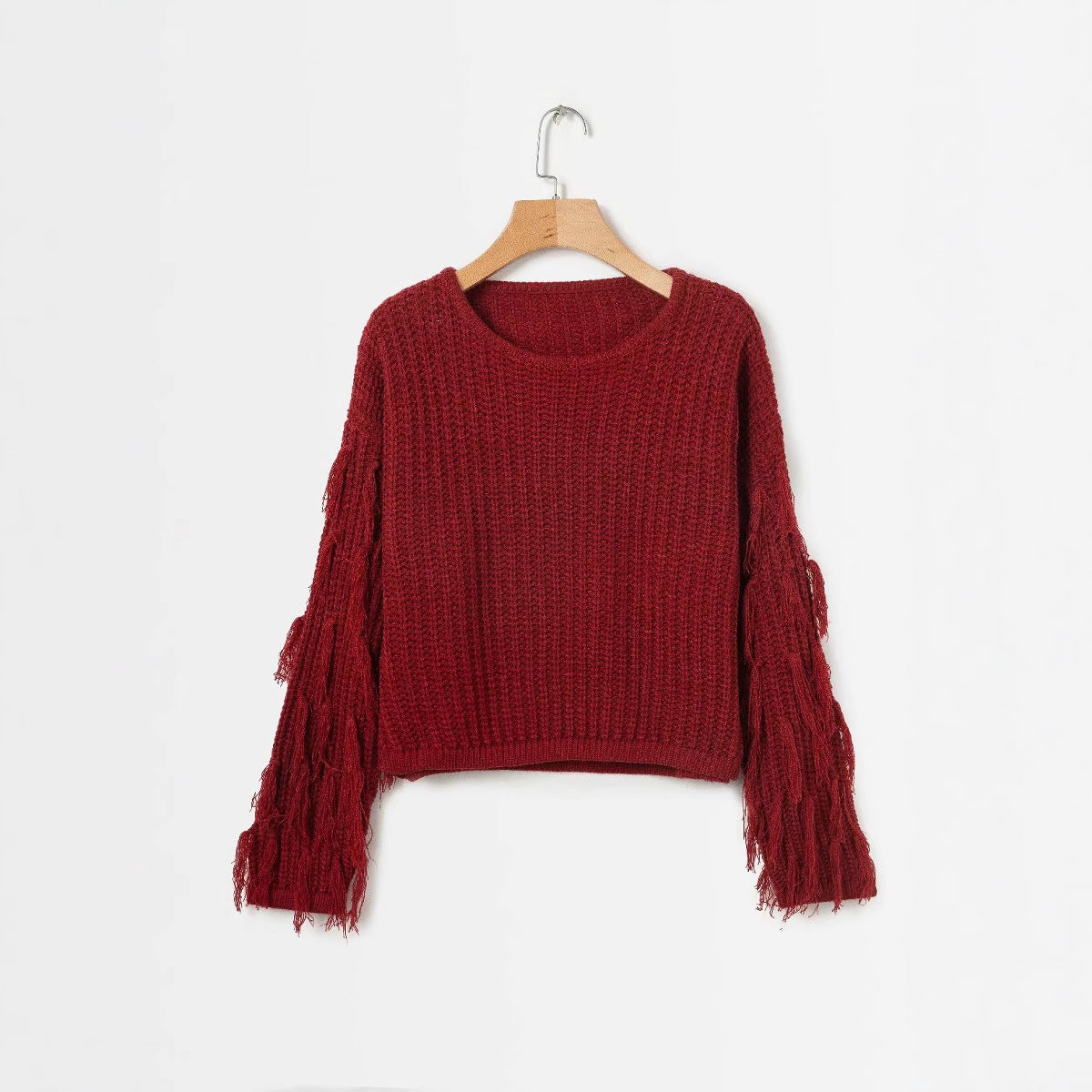 Women's fashionable knit sweater with fringed sleeves and special textured pattern Ivyshape