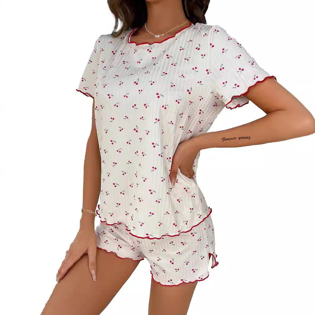 Women's Pajama Set with Elegant Lace Detail and Cheerful Cherry Pattern Ivyshape